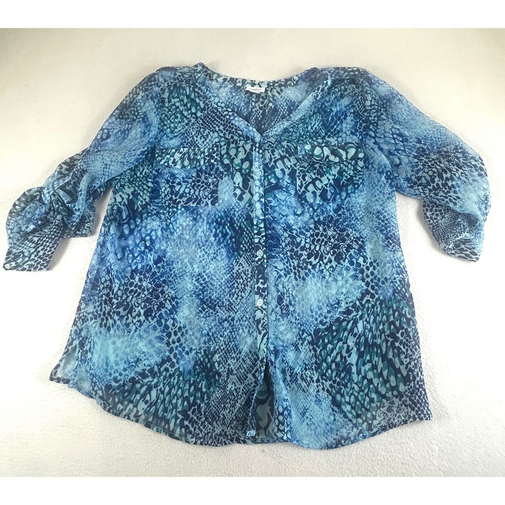 Jaclyn Smith Womens XXL Blue Snakeskin Print Roll Tab Sleeve Chiffon Blous 02227